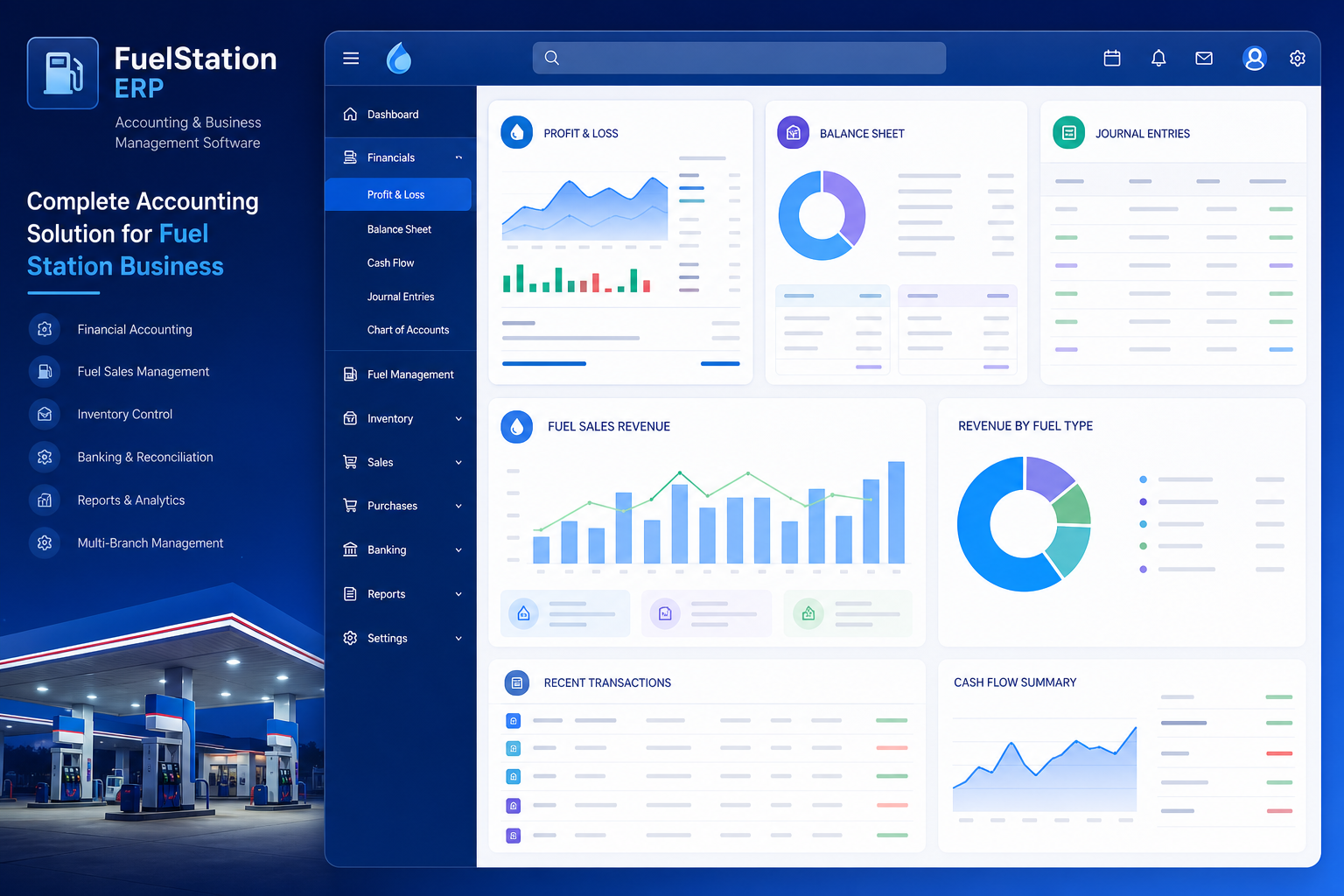 Fuel station accounting ERP — profit and loss, balance sheet, journal entries